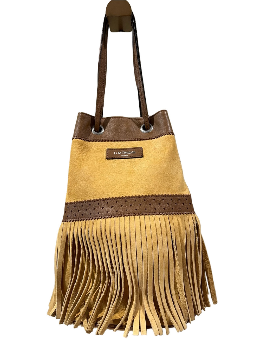 JM Davidson Fringed Yellow and Tan Bucket Shoulder Bag